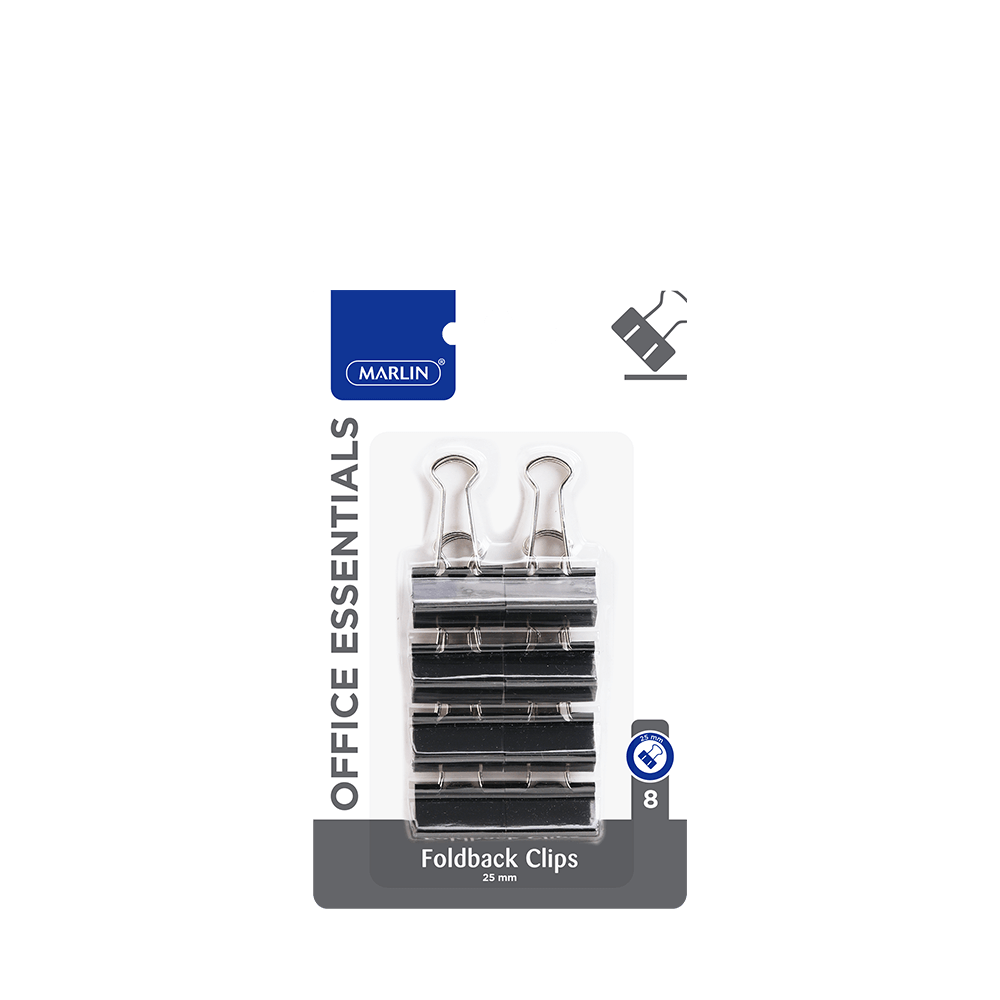 Marlin Office Essentials Fold Back Clips 25mm (8 Pack) – On Blister Card Marlin Office Essentials Fold Back Clips 25mm (8 Pack) – On Blister Card - Image 1