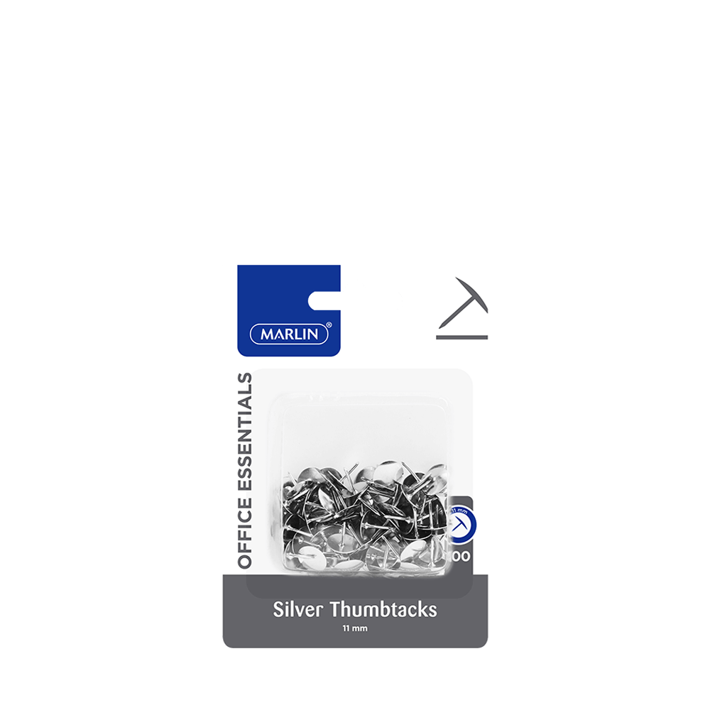 Marlin Office Essentials Silver Thumbtacks or Drawing Pins – 11mm 100's Marlin Office Essentials Silver Thumb Tacks / Drawing Pins – 11mm 100's - Image 1